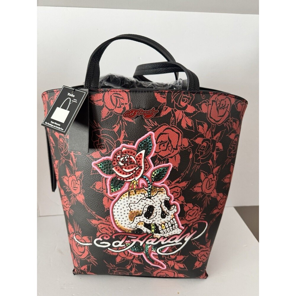 Ed Hardy Y2K Skull Rose Tote NWT Black Vegan Leather Rhinestone Crossbody Vegan